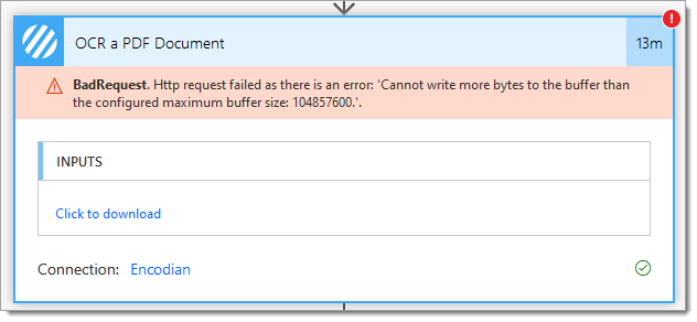 Http request failed as there is an error: 'Cannot write more bytes to the buffer than the configured maximum buffer size: 104857600.'.